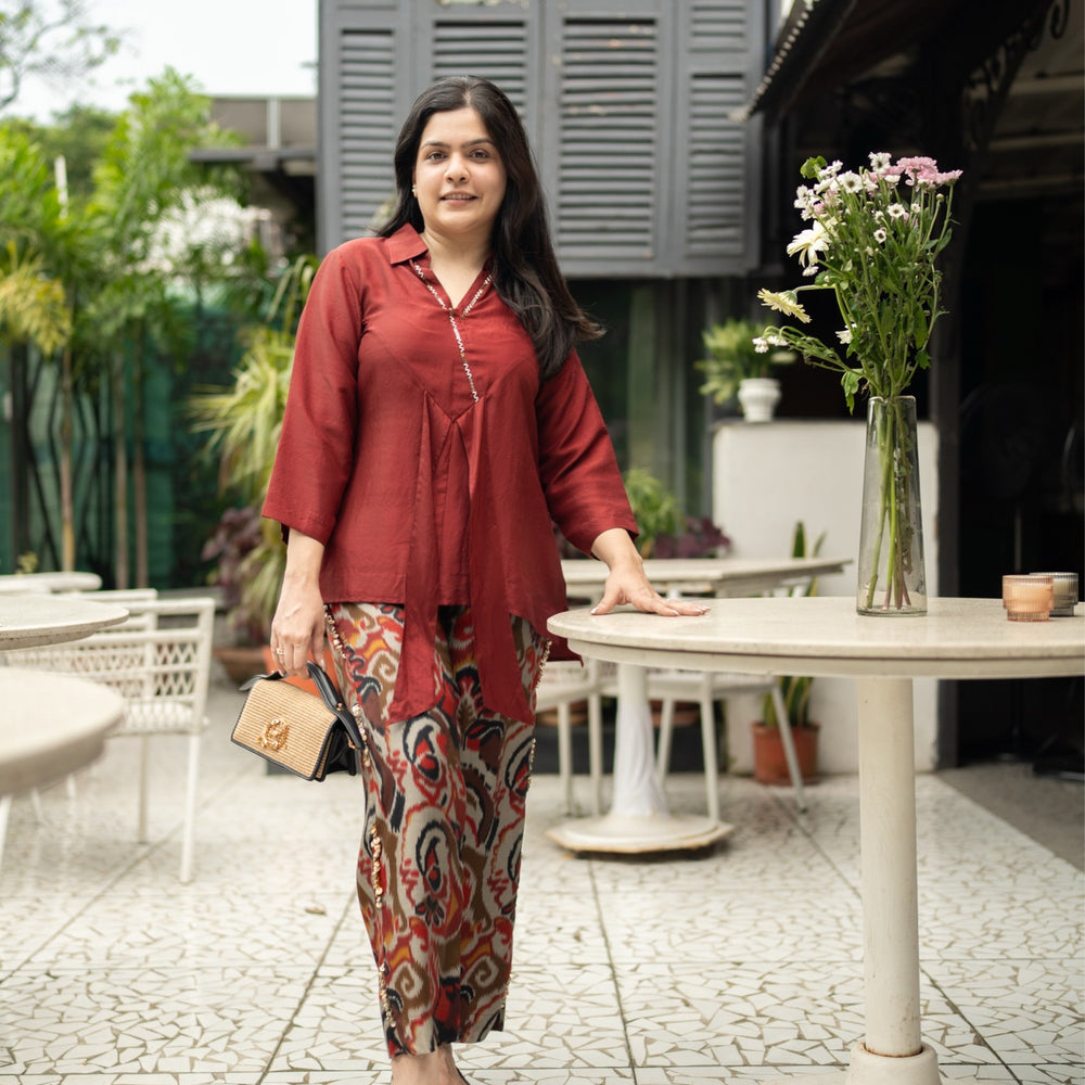 Tie top set/maroon dark ikat