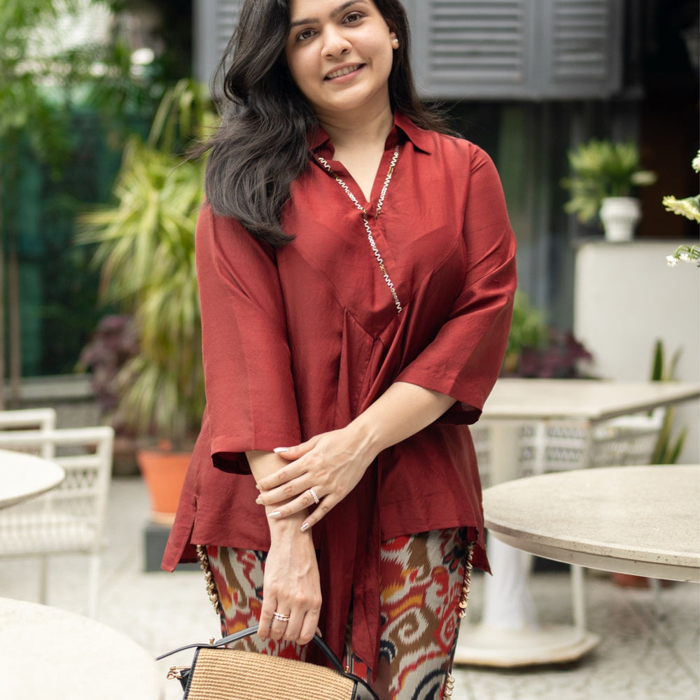 Tie top set/maroon dark ikat