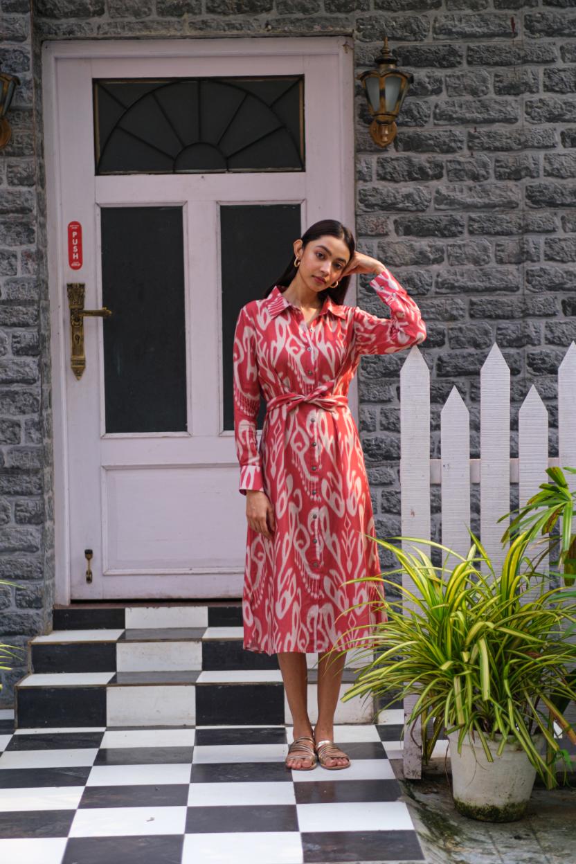 MUSLIN TIE DRESS pink ikat