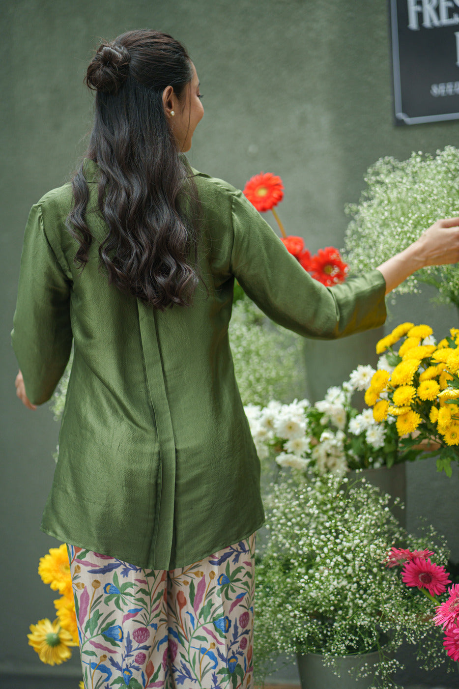 SILK TIE TOP & PANT olive cream jaal