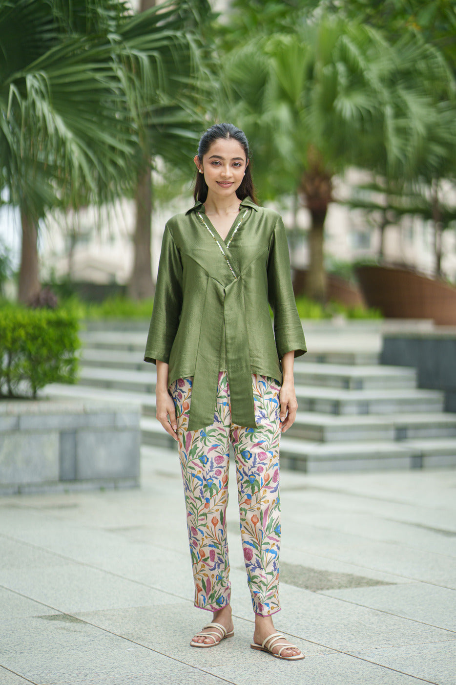 SILK TIE TOP & PANT olive cream jaal