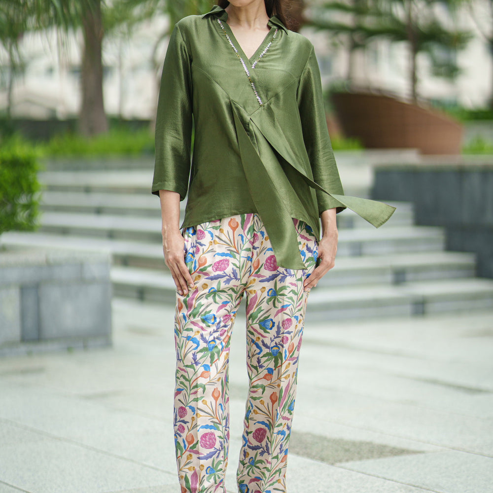 SILK DUPION PANTS cream jaal