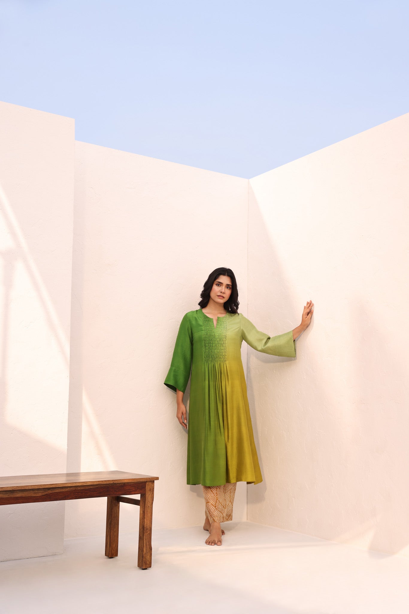 ANASTASIA RUCHED KURTA/ GREEN - YELLOW