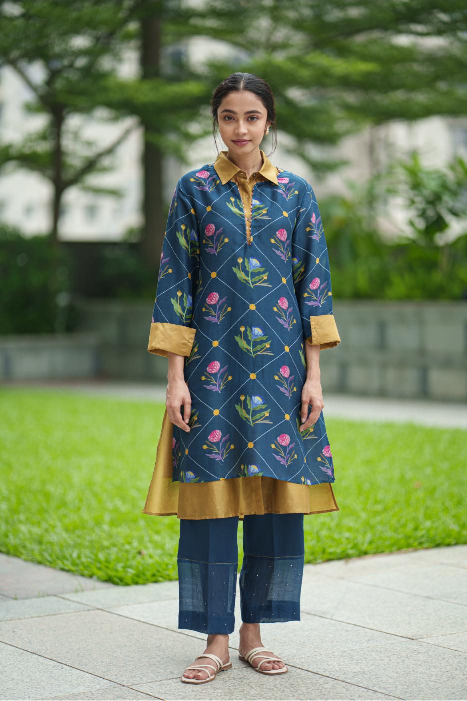 DAHLIA 2 LAYER KURTA blue geo mustard