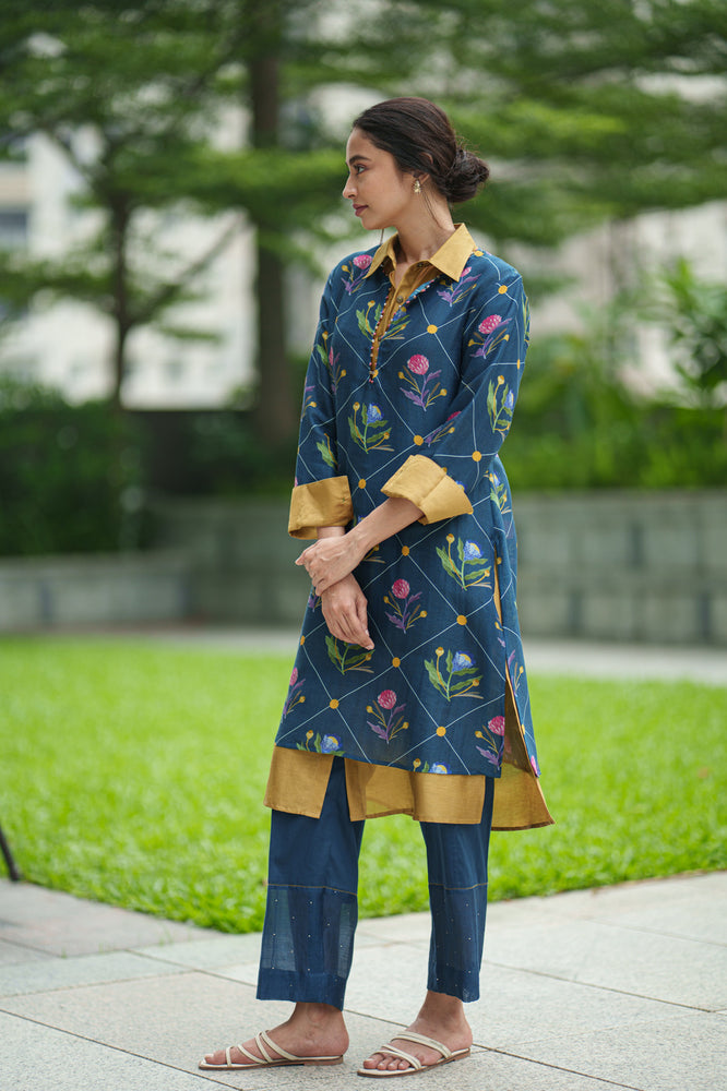 DAHLIA 2 LAYER KURTA & PANT blue geo mustard