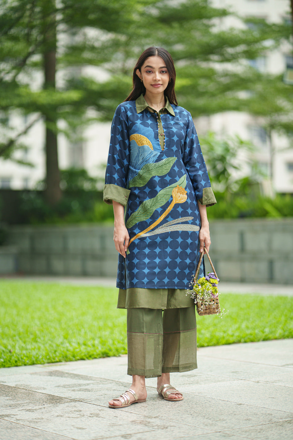 DAHLIA 2 LAYER KURTA & PANT placement blue olive