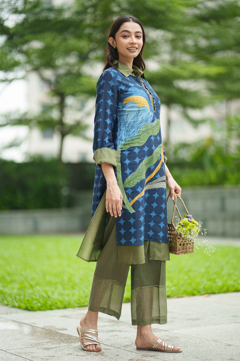 DAHLIA 2 LAYER KURTA & PANT placement blue olive
