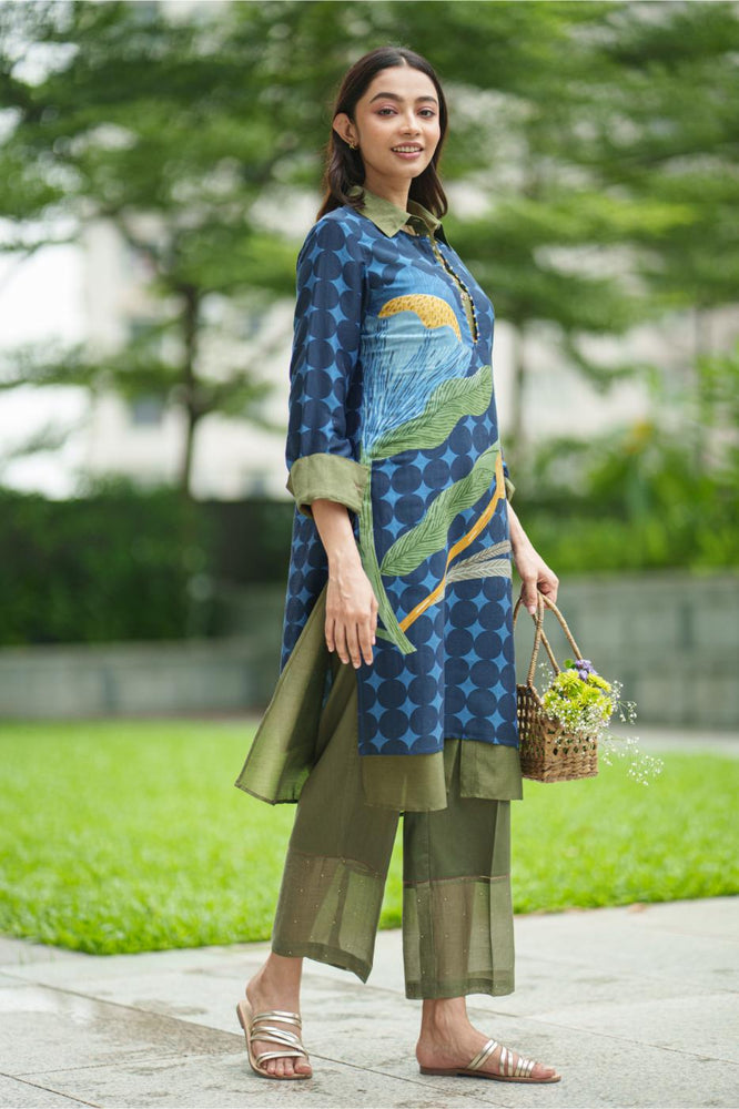 DAHLIA 2 LAYER KURTA placement blue olive