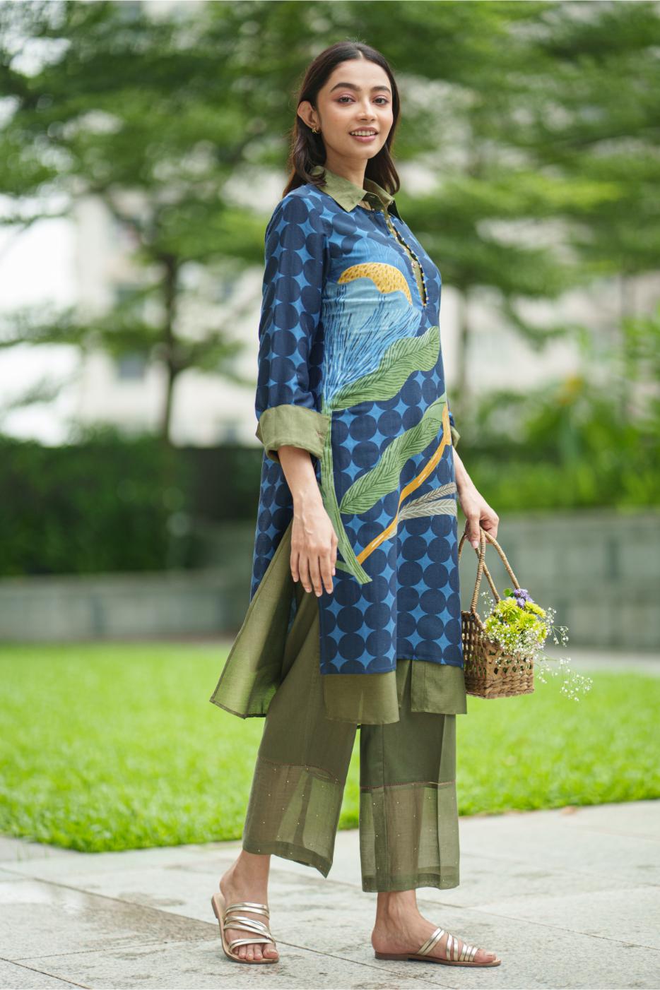 DAHLIA 2 LAYER KURTA placement blue olive