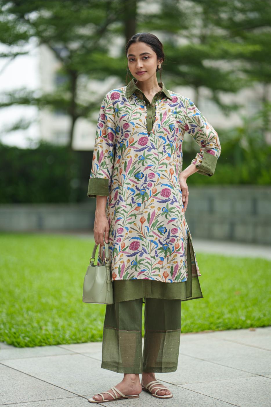 DAHLIA 2 LAYER KURTA cream jaal olive