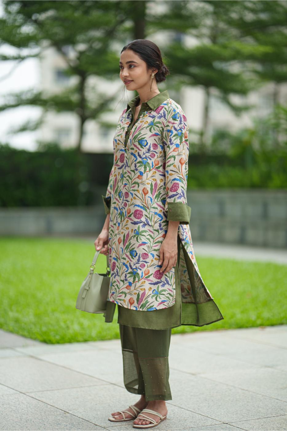 DAHLIA 2 LAYER KURTA cream jaal olive