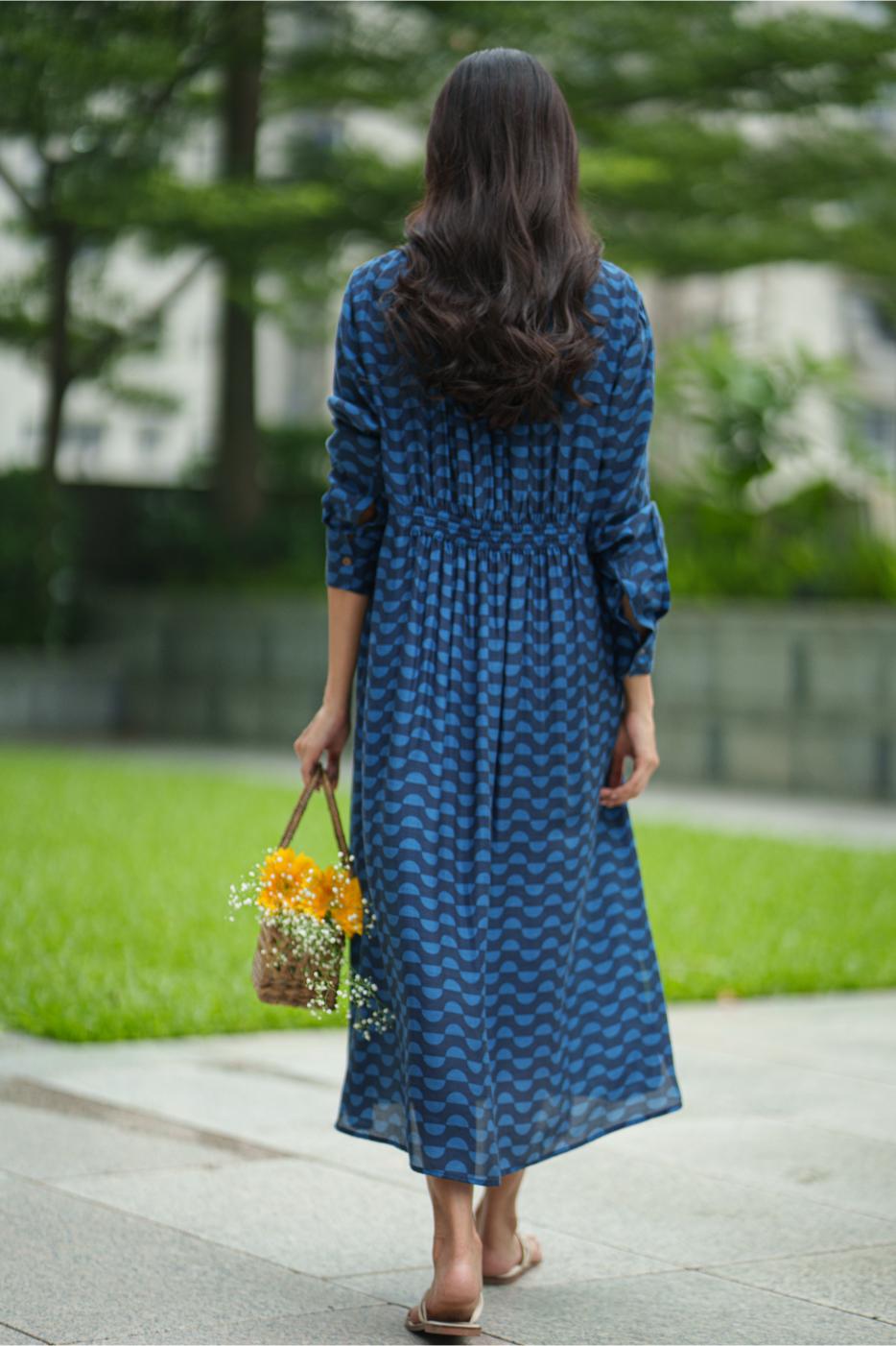 GATHER DRESS blue wave