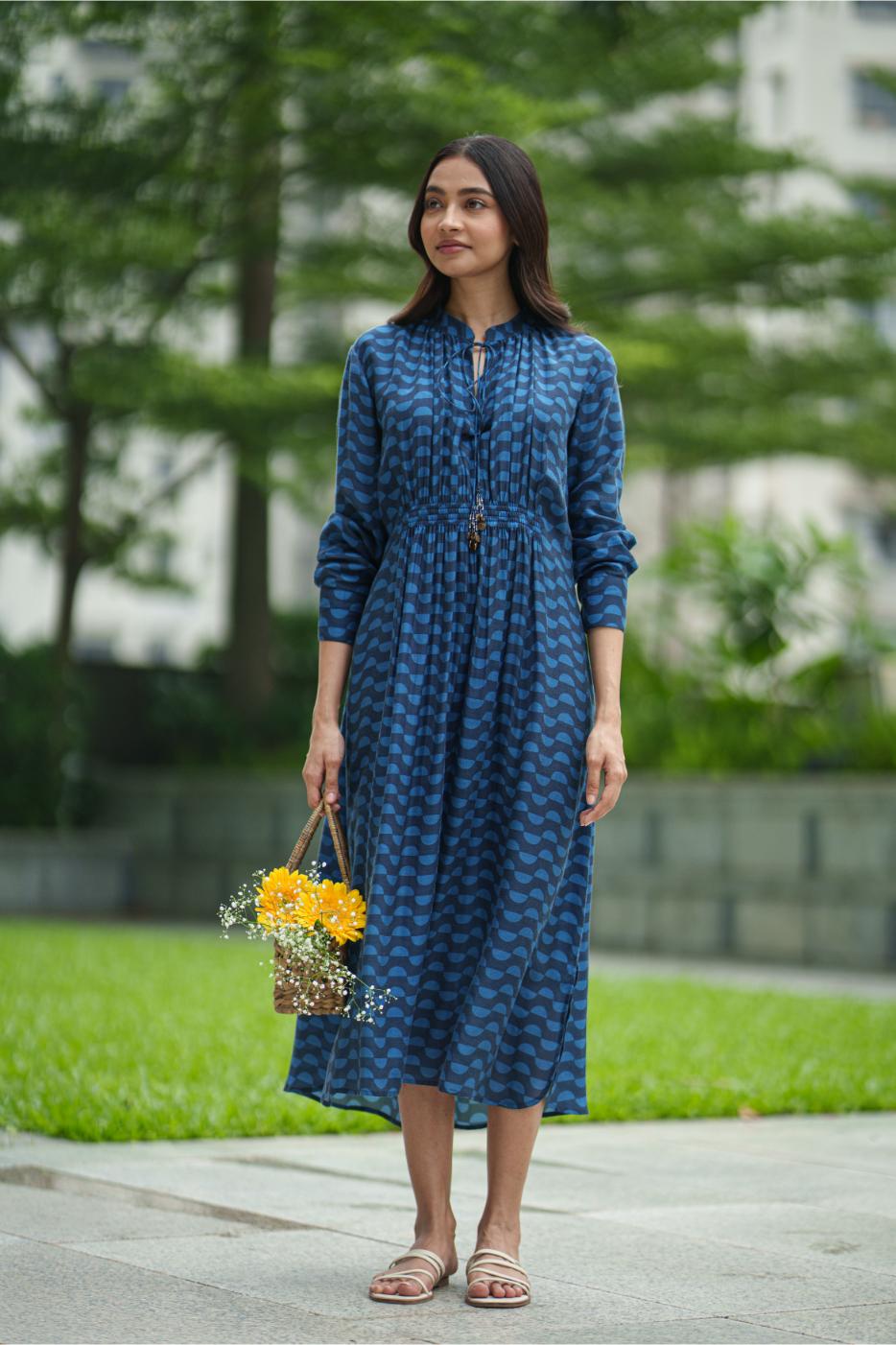 GATHER DRESS blue wave