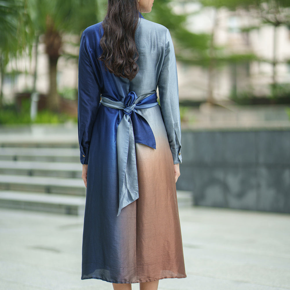 OL SILK TIE DRESS blue brown