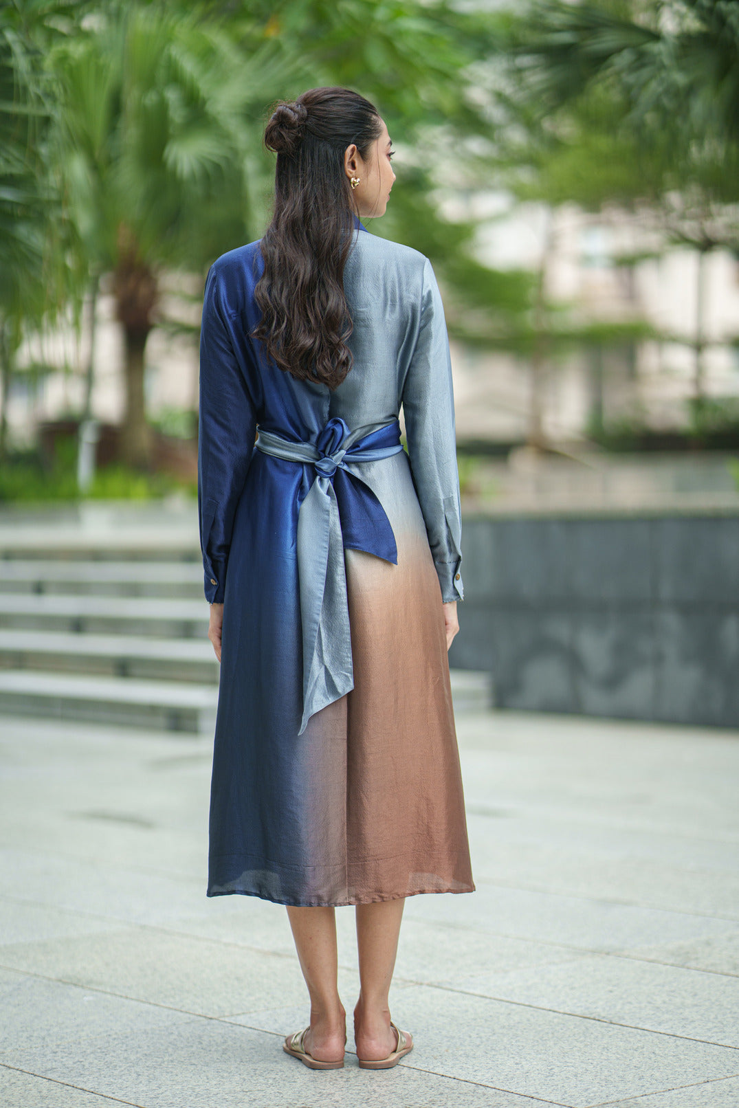 OL SILK TIE DRESS blue brown
