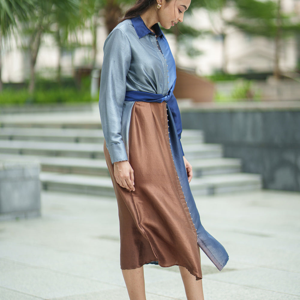 OL SILK TIE DRESS blue brown