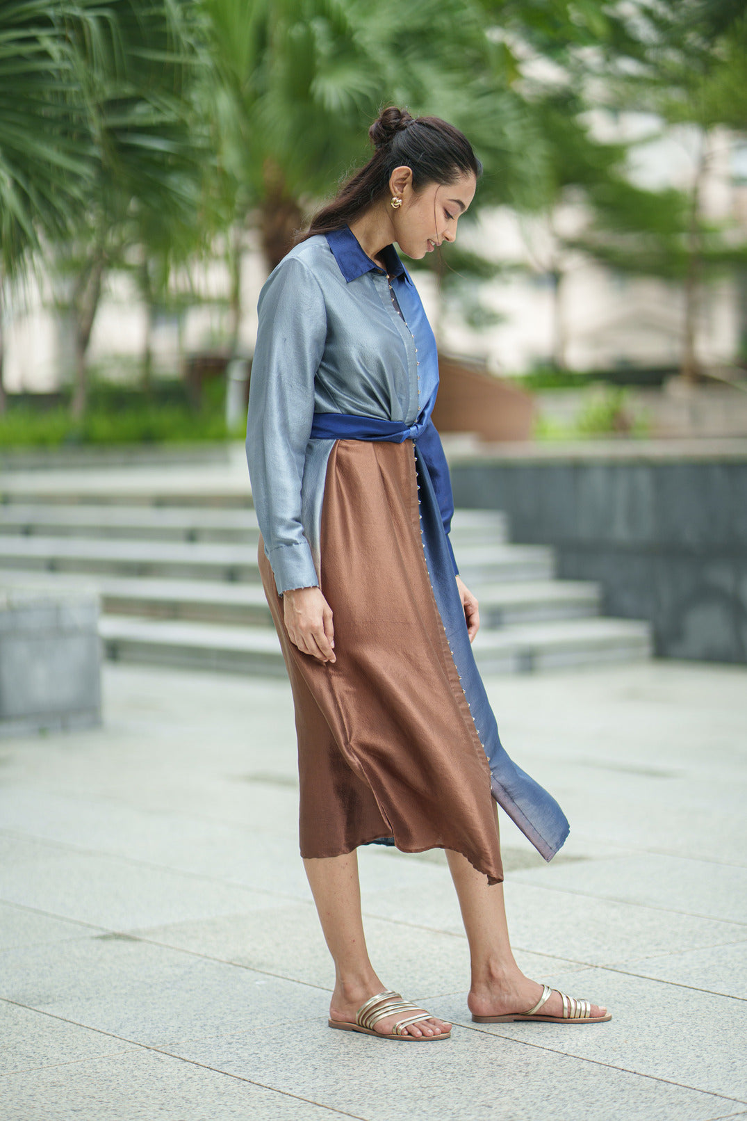 OL SILK TIE DRESS blue brown