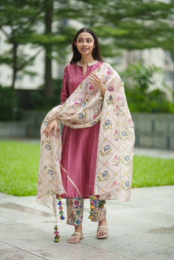 ANASTASIA TIE DYE KURTA SET pink cream jaal