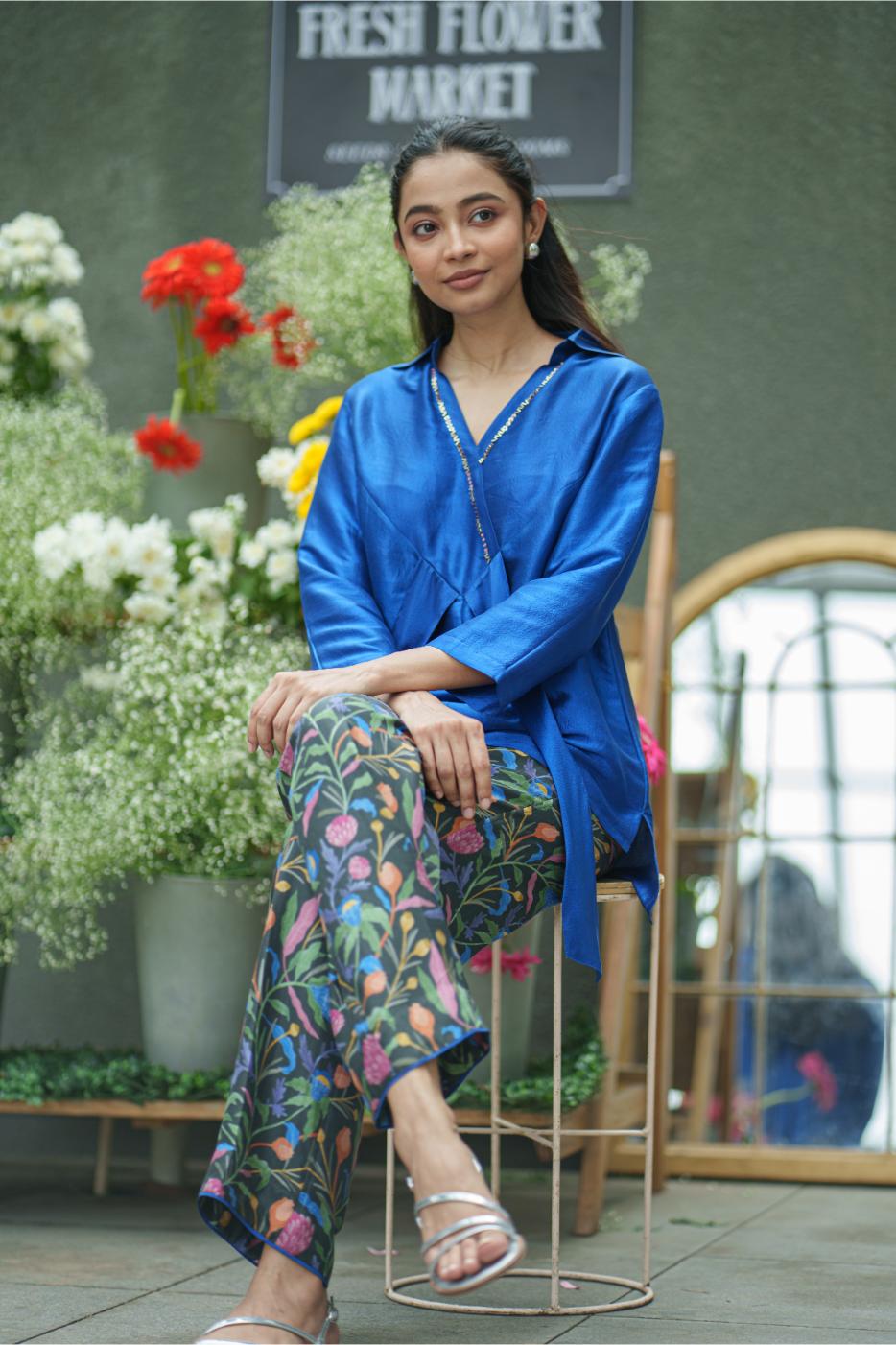 SILK TIE TOP & PANT electric blue black jaal